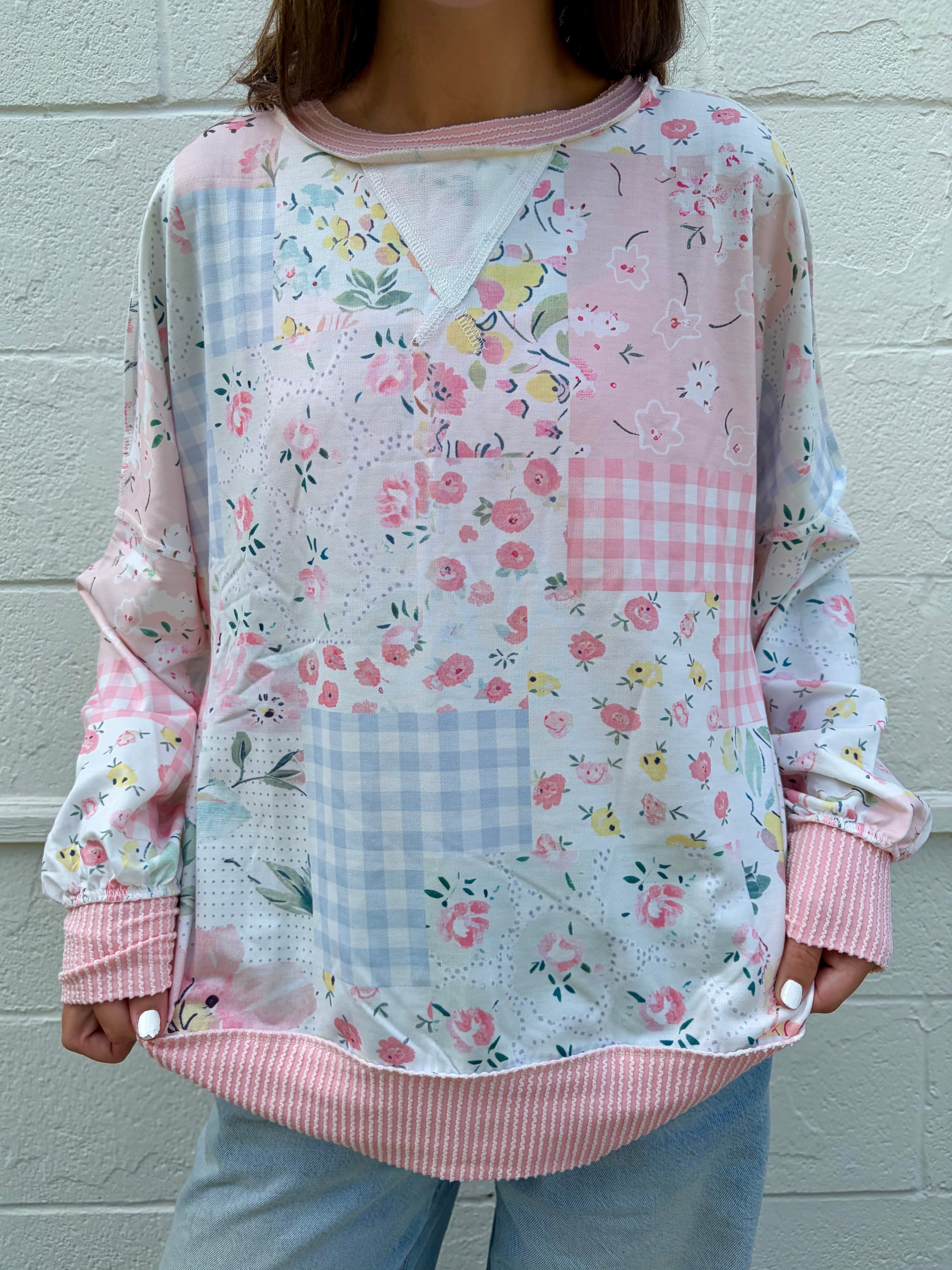 Floral Printed Patchwork Long Sleeve Top